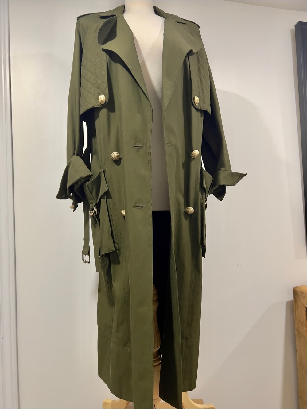 Balmain Olive Green Trench Coat with Gold Buttons